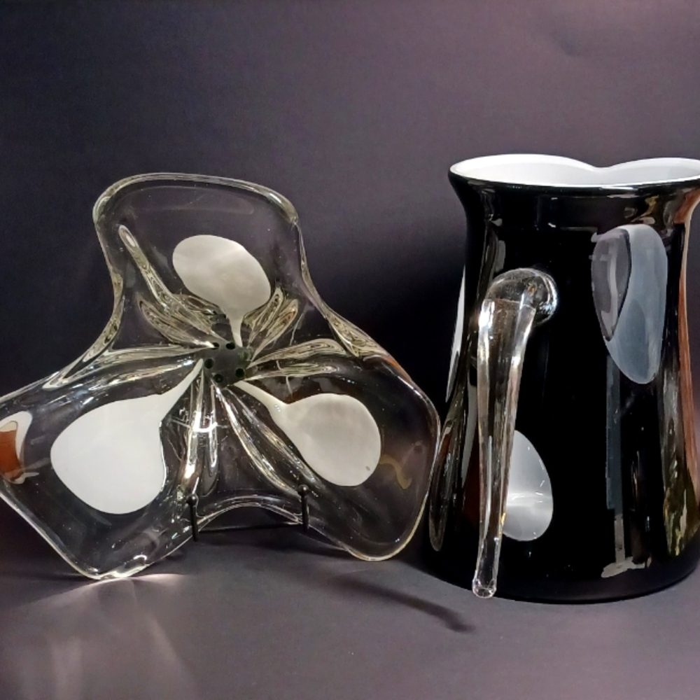 BUNDLE Vintage Murano Art Glass black/white/clear Hand Blown Pitcher & bowl…